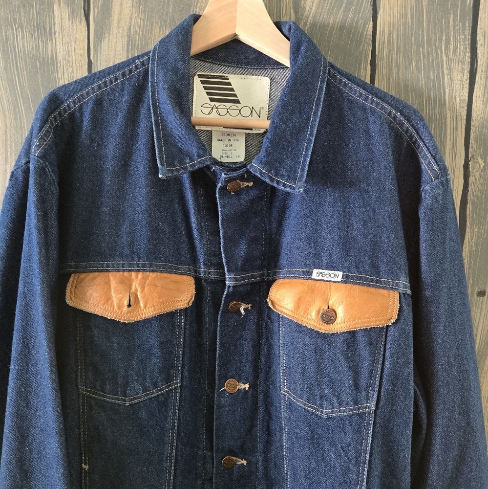 Sasson Vintage Blue Denim Jacket with Tan Accents Men's Size L - Picture 3 of 7